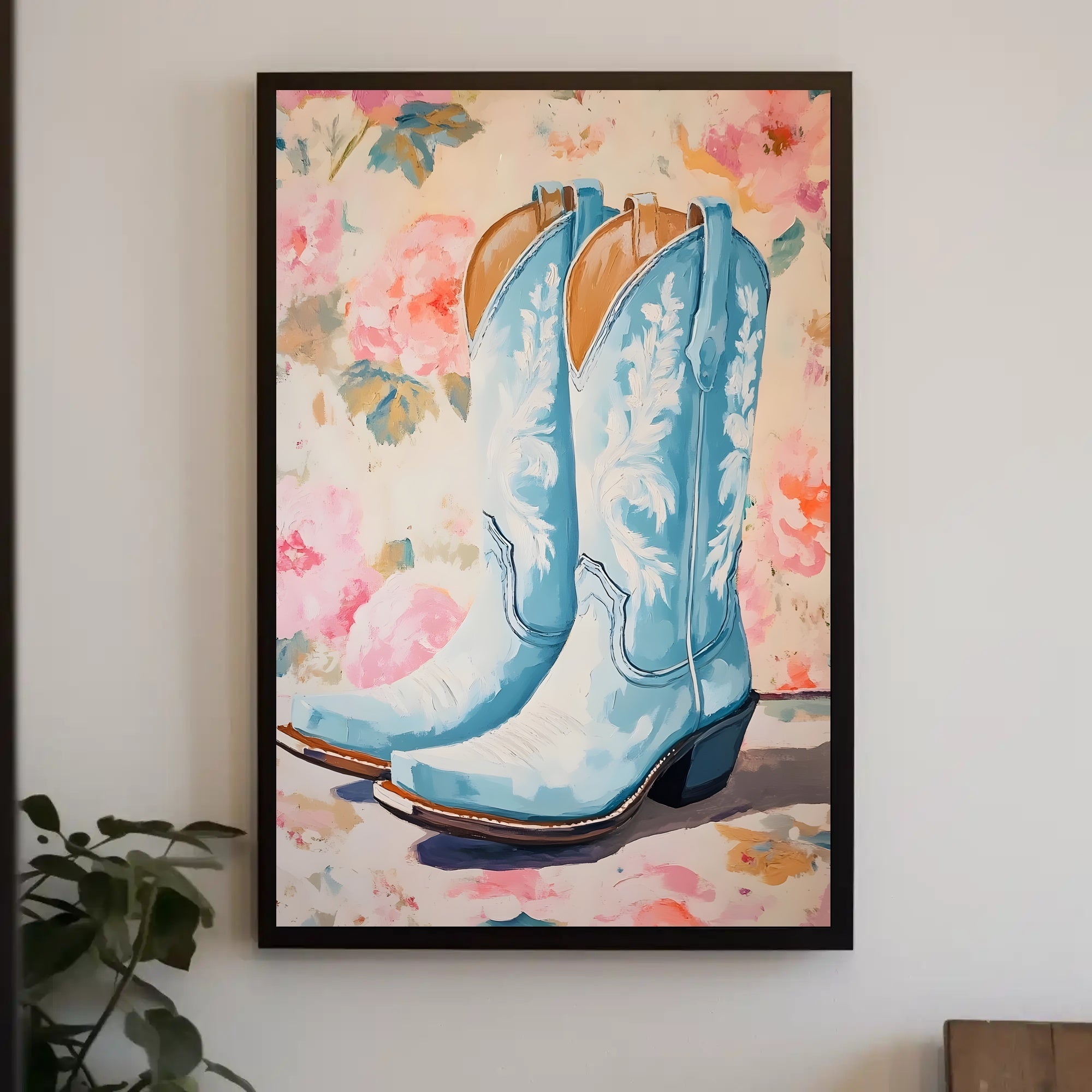 Blue Cowboy Boots Poster Vintage Floral Wall Art