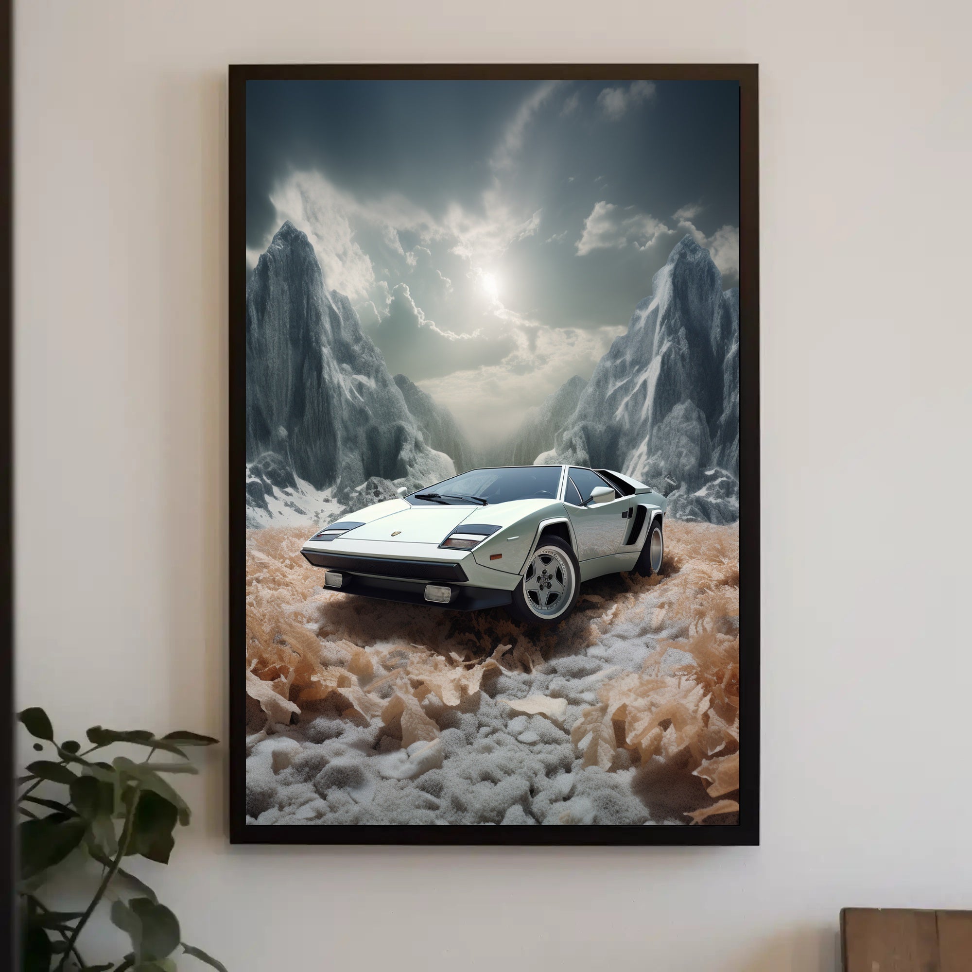 Classic Supercar in a Surreal Landscape Poster PosterGoat
