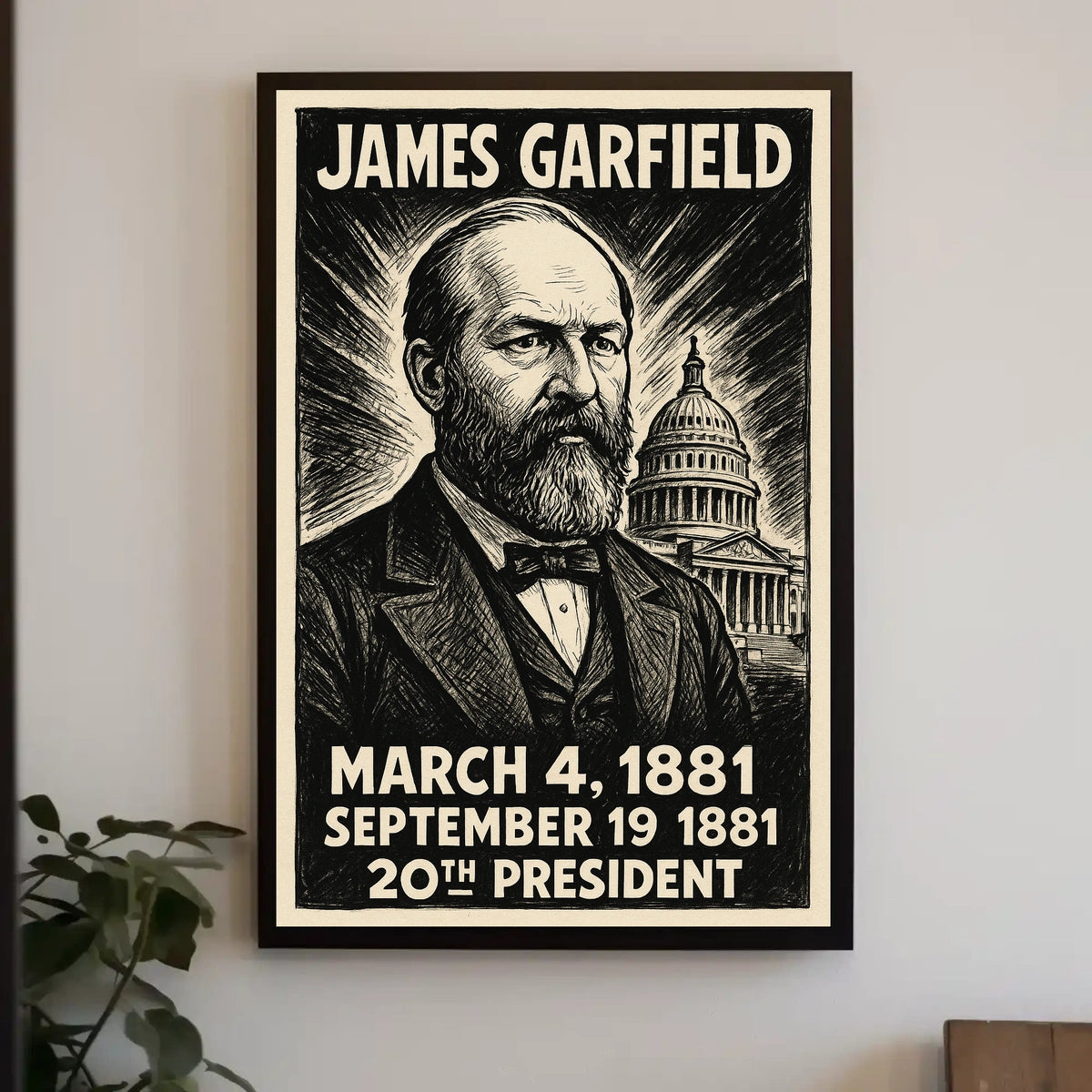 James A. Garfield 20th President of the United States B & W Comic Sketch Poster