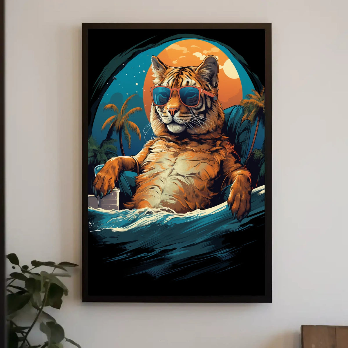 Relaxed Tiger on Beach Artistic Animal Poster