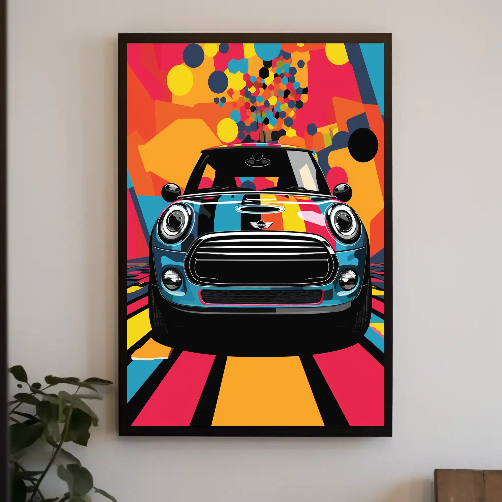 Mini Car Pop Art Poster: Vibrant Geometric Design
