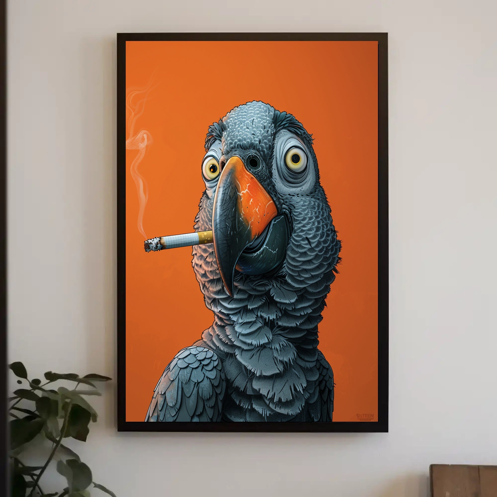 Stylized Parrot Cartoon with Cigarette Animal Poster PosterGoat