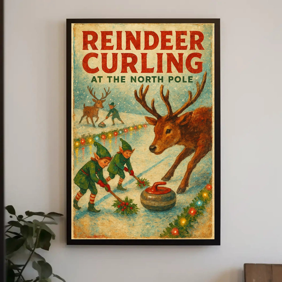 Reindeer Curling at the North Pole Poster