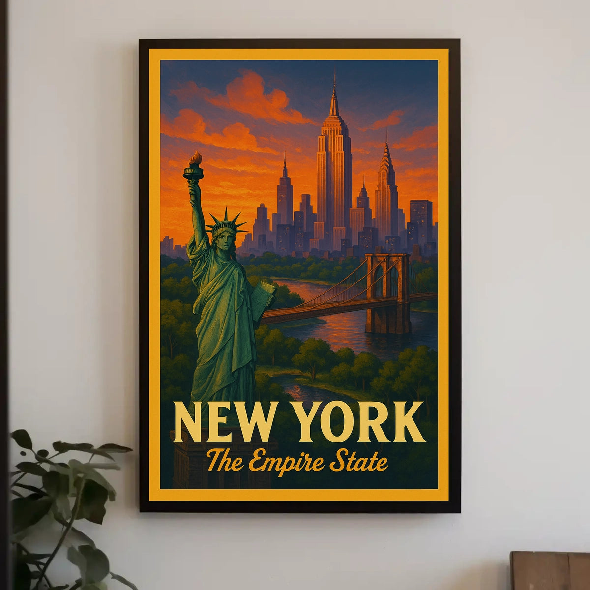 New York City Landmarks At Sunset Poster Vintage Wall Art