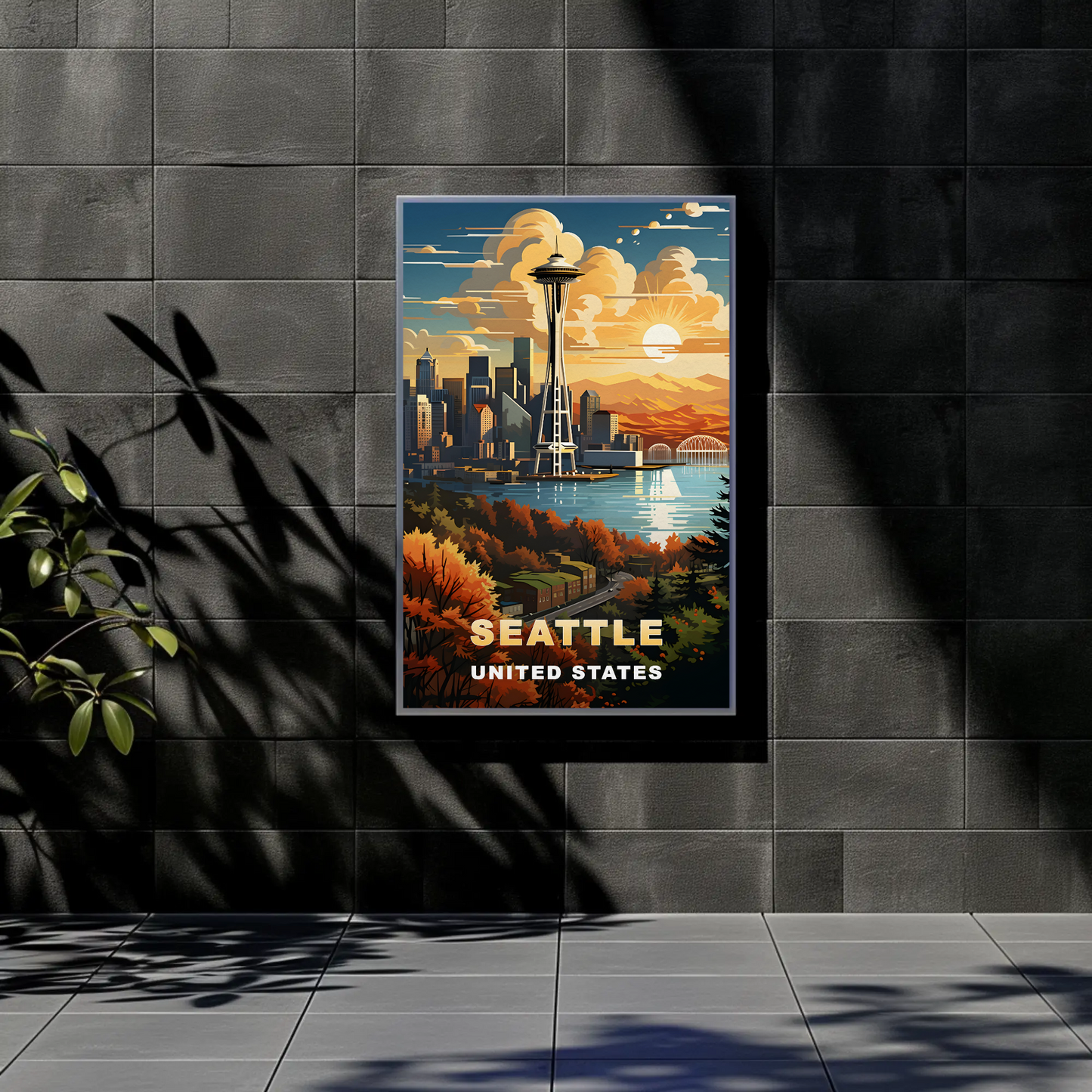 Seattle Space Needle Autumn Sunset Vintage Travel Poster
