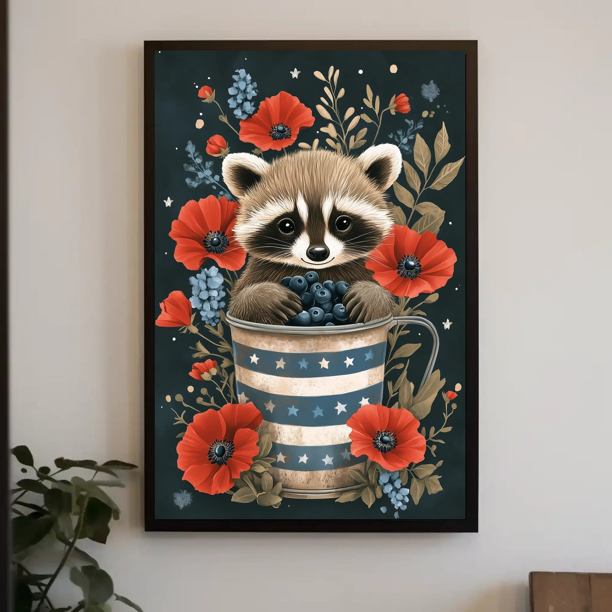raccoon sitting inside a metal watering can Poster