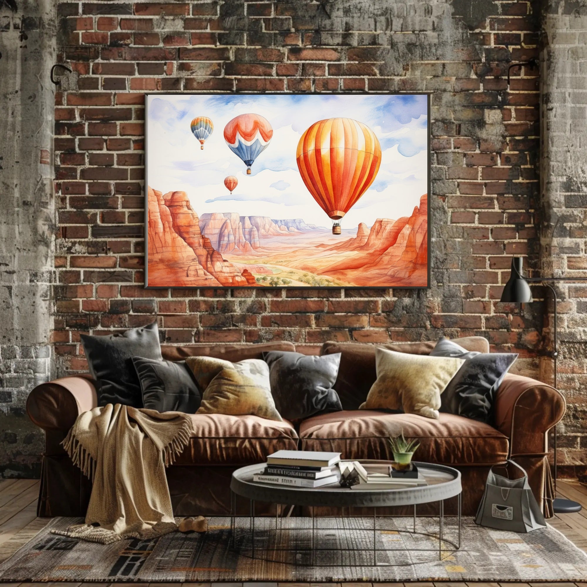 Hot Air Balloons Over Canyon Landscape Poster