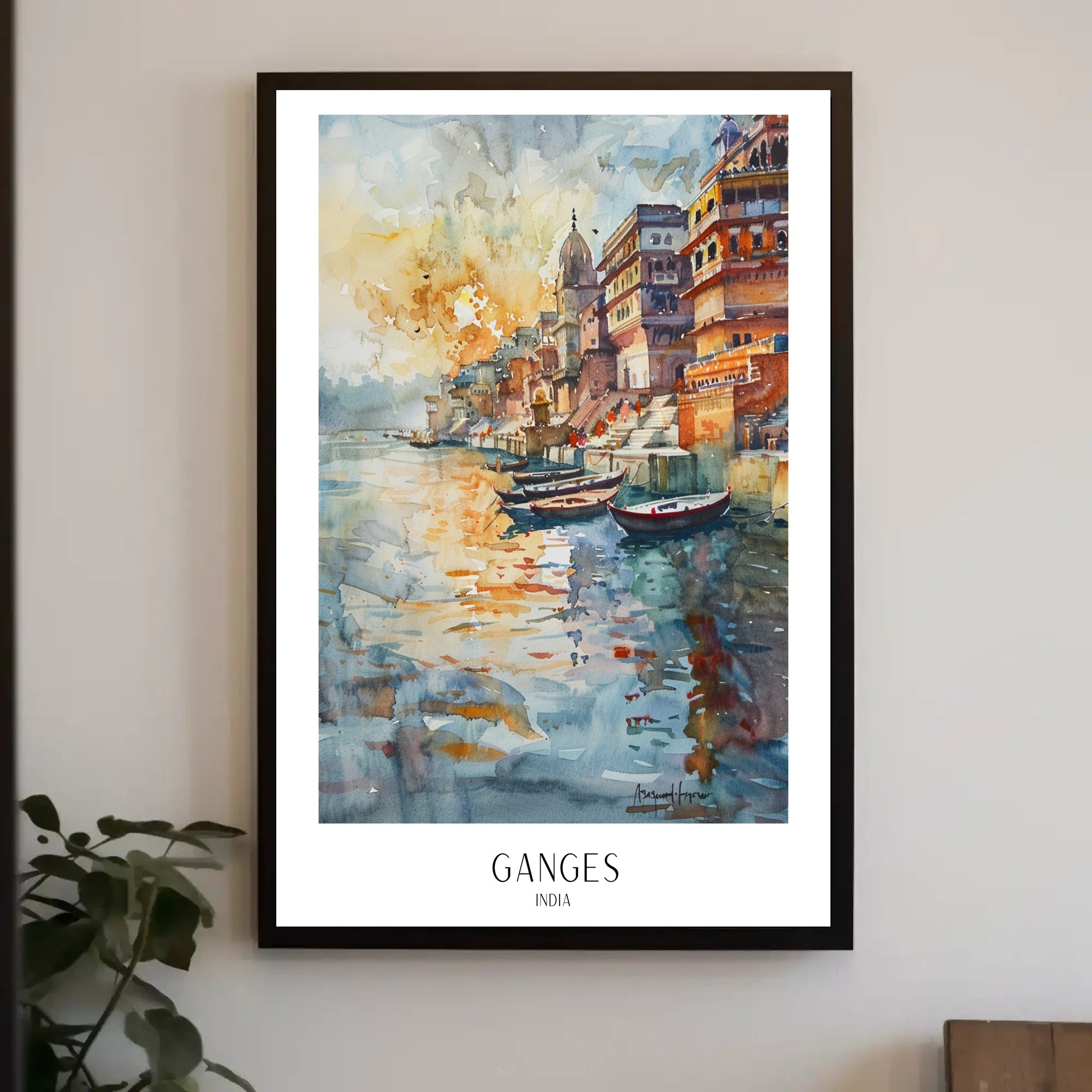 Serene Watercolor Ganges River Painting - Cultural or Heritage Poster PosterGoat