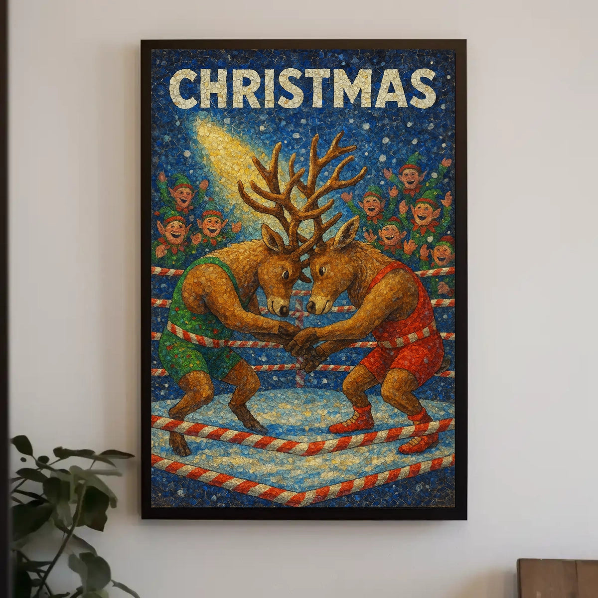 Christmas Wrestling Reindeer: Whimsical Holiday Fantasy Poster