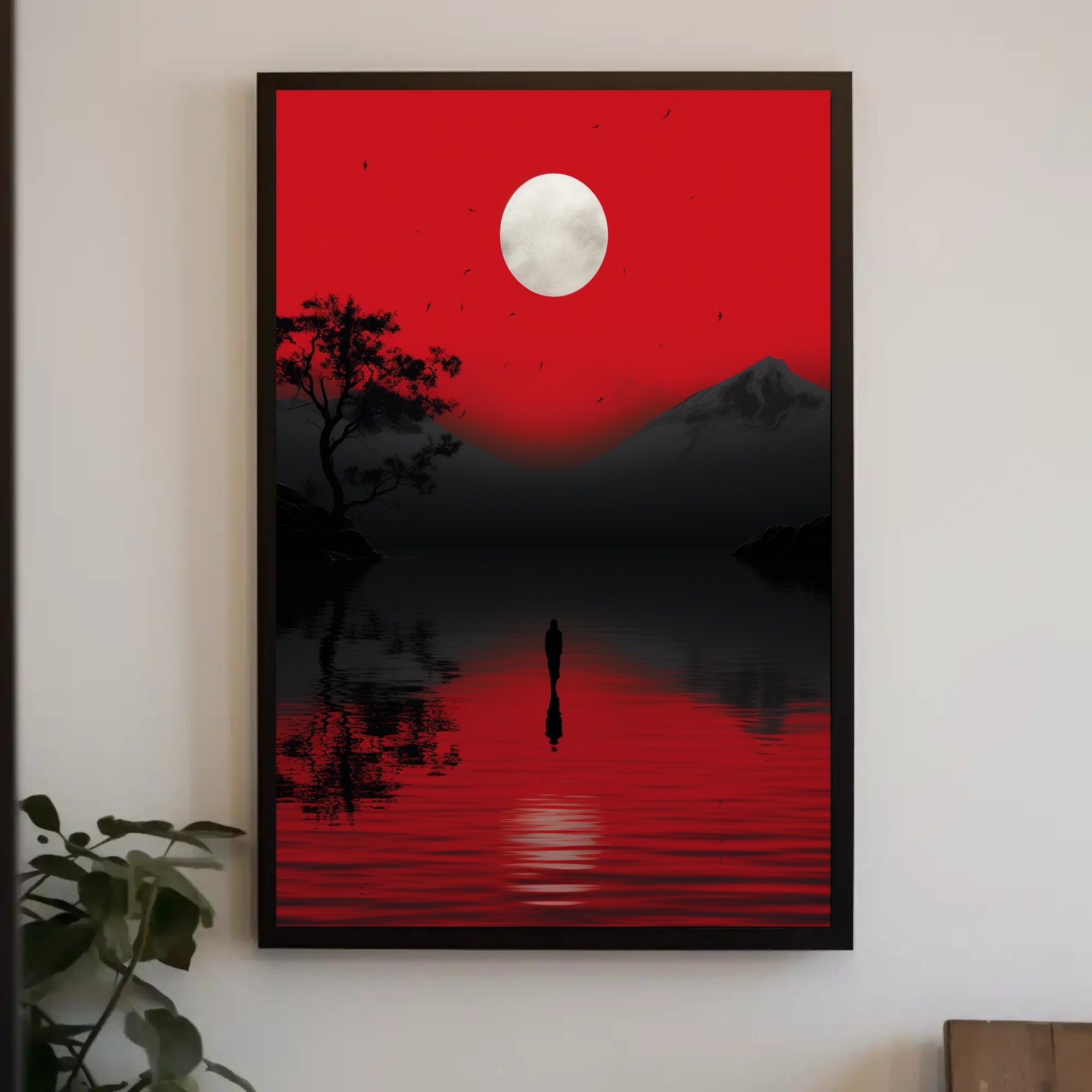 Solitary Reflection Under A Crimson Sky Poster
