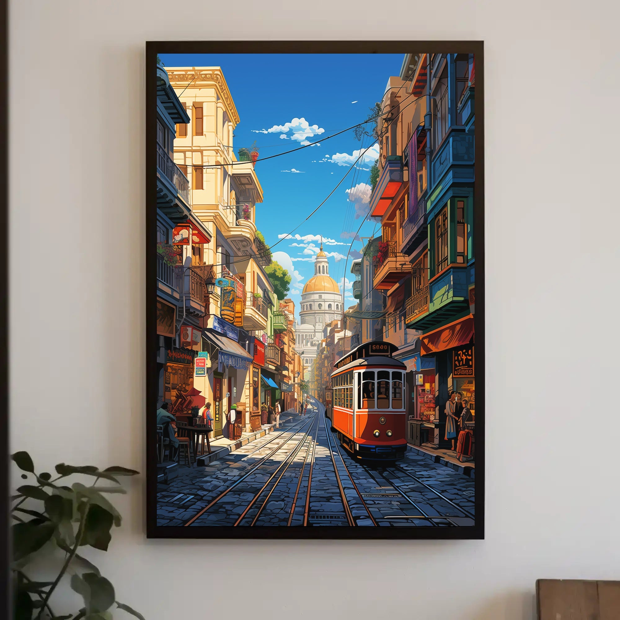 Vibrant Cityscape with Historical Trolley Travel Poster