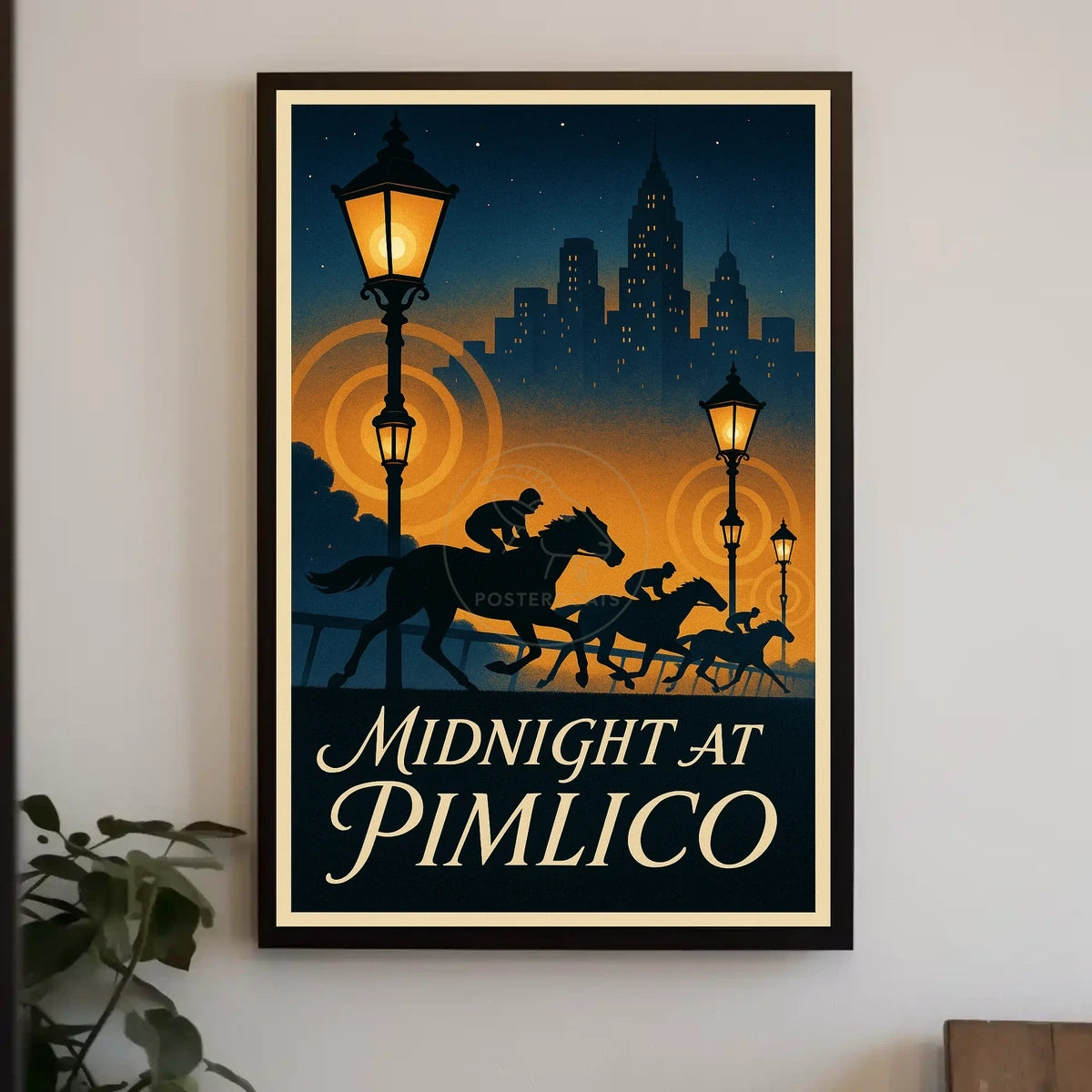 Midnight Horse Racing Action at Art Deco Skyline Sports Poster