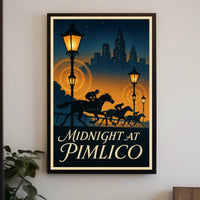 Midnight Horse Racing Action at Art Deco Skyline Sports Poster