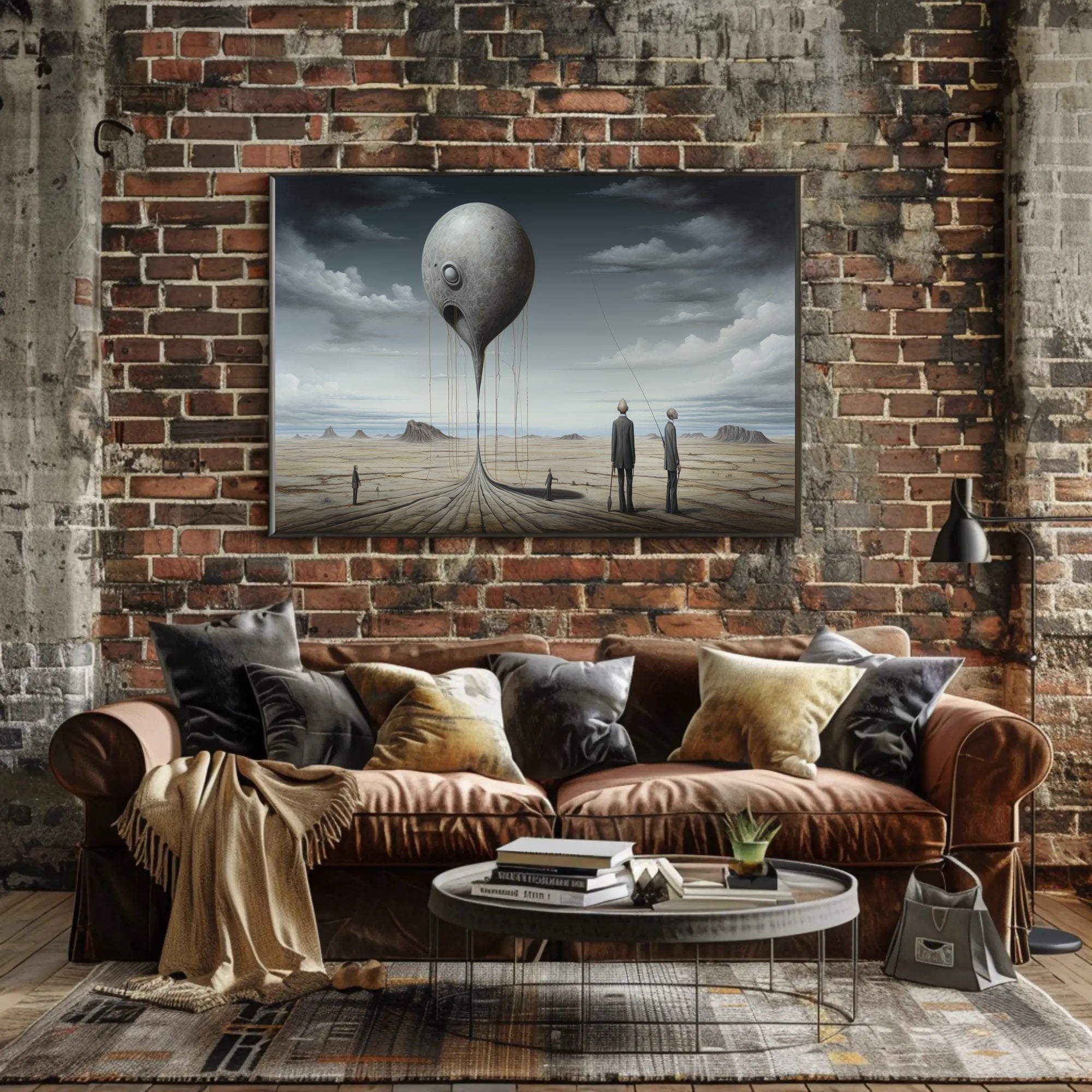Surreal Metallic Sphere Floats in Desolate Sci-Fi Landscape Poster