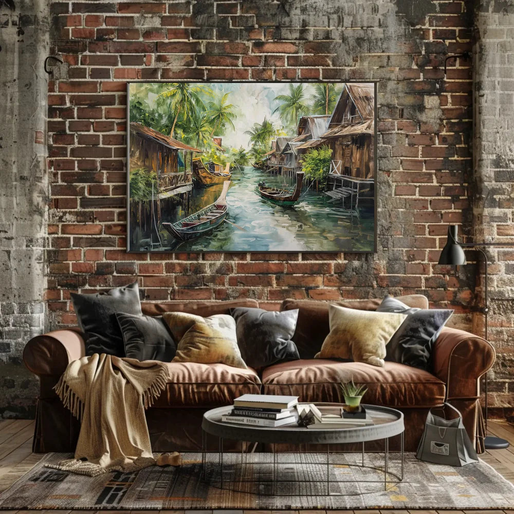 Serene Asian Floating Village Impressionistic Art Poster