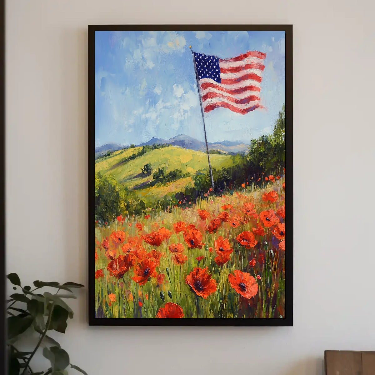 peaceful field of poppies with one large American flag Poster