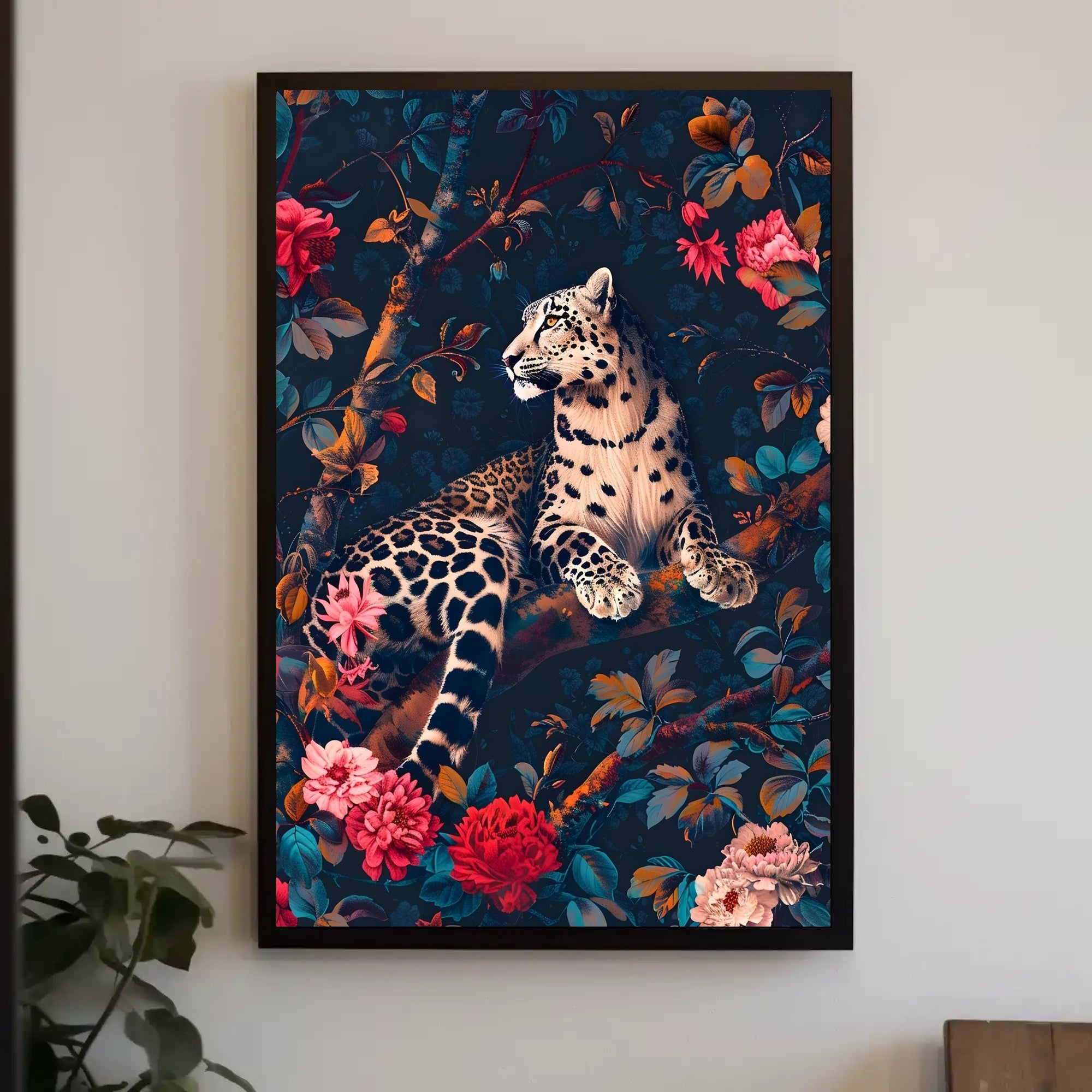 Majestic Snow Leopard with Lush Flora Animal Poster