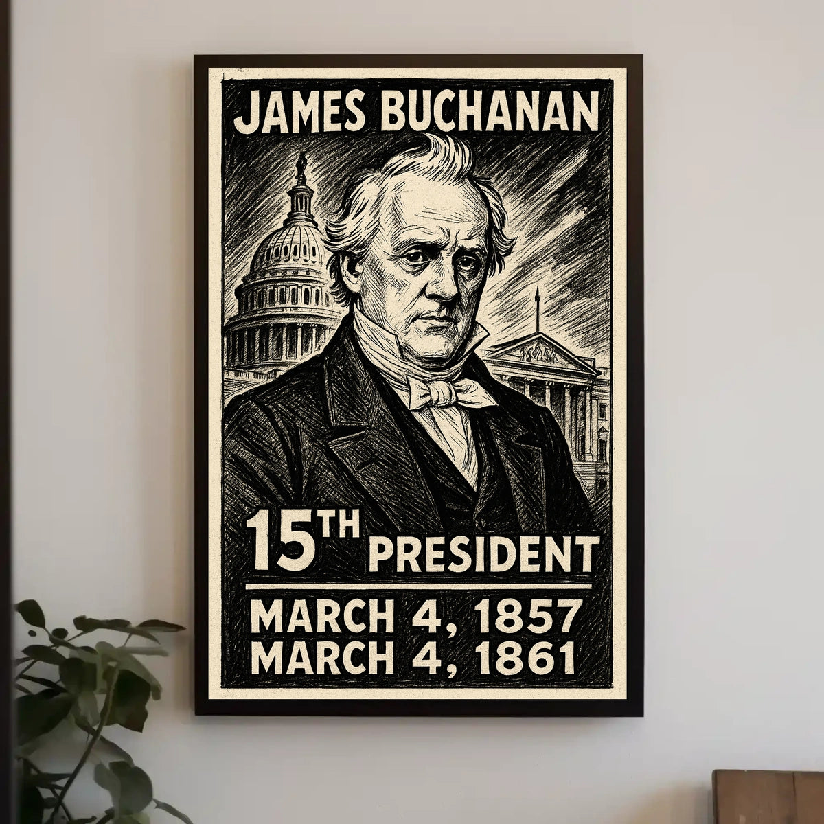 James Buchanan 15th President of the United States B & W Comic Sketch Poster