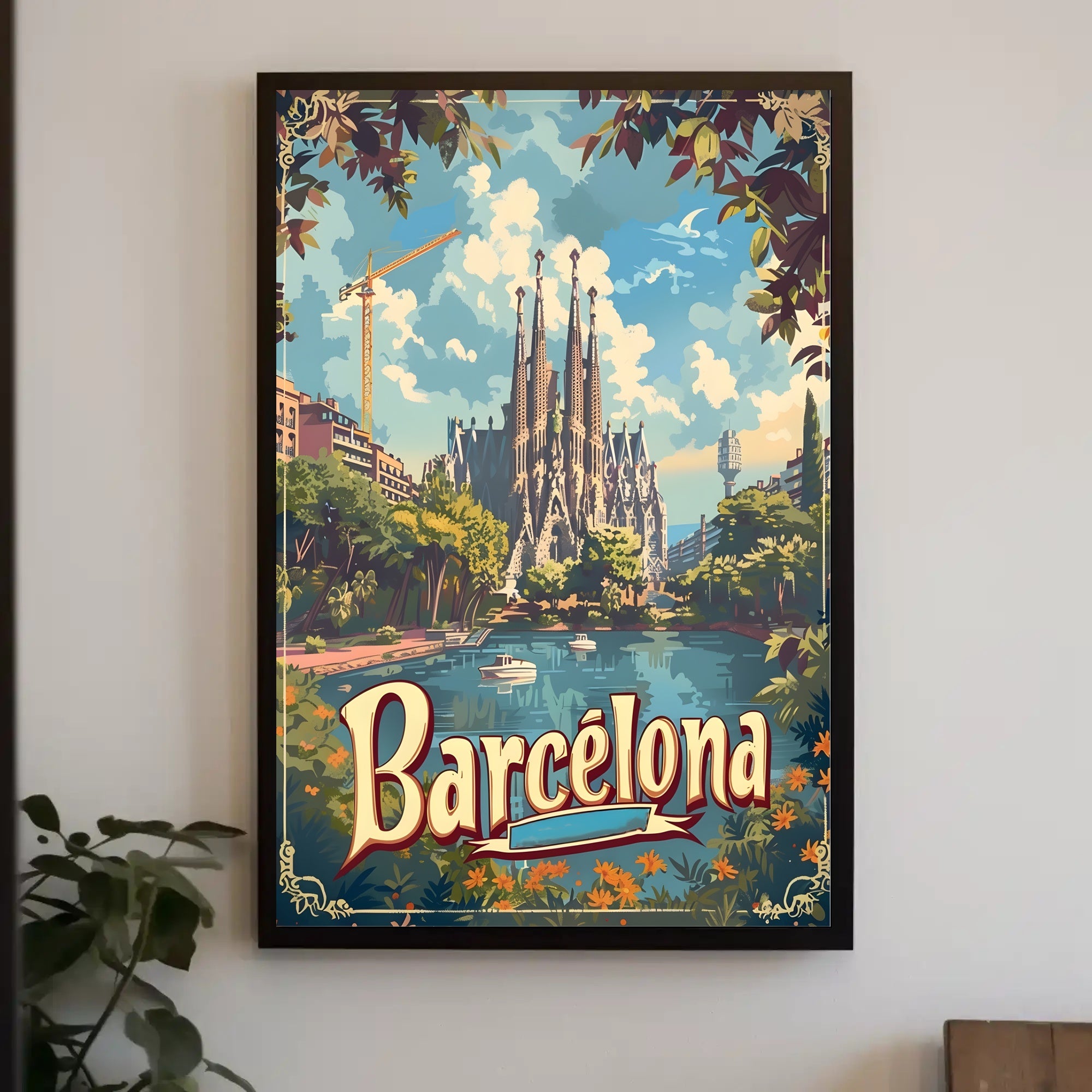 Barcelona Travel Poster with Sagrada Familia and Sunlit Scene
