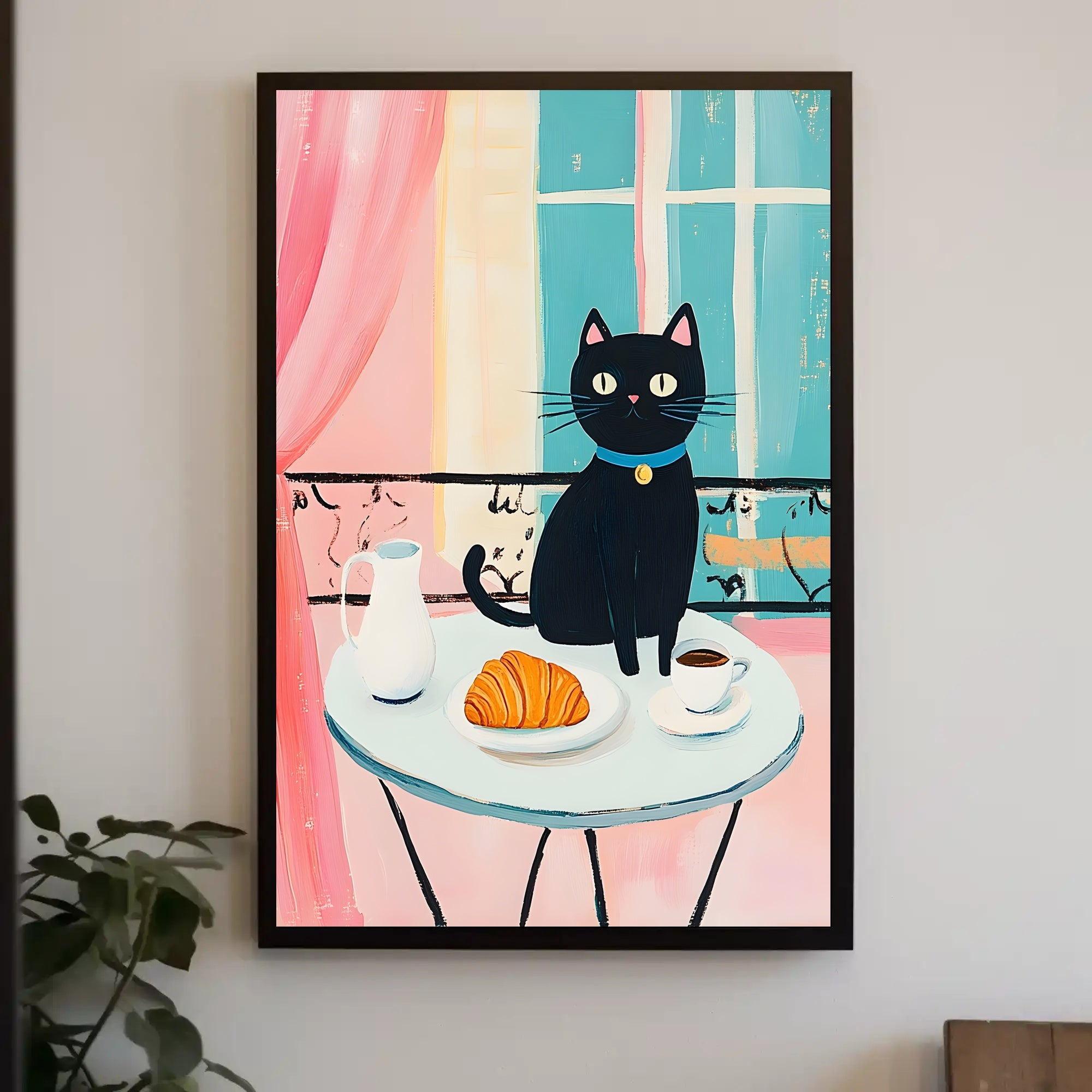 Black Cat Breakfast Poster Charming Morning Wall Art