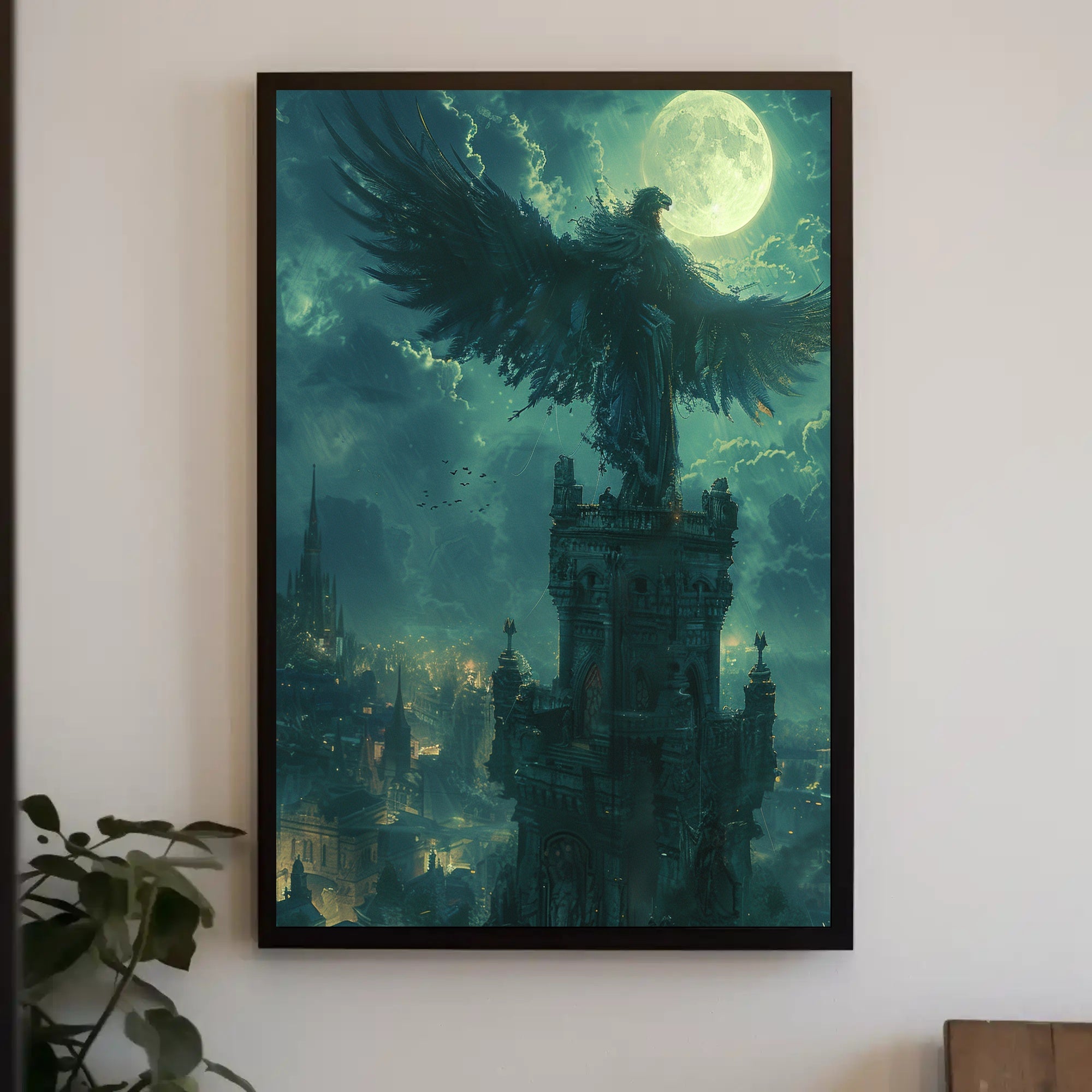Mystical Phoenix in Moonlit Gothic City Poster PosterGoat