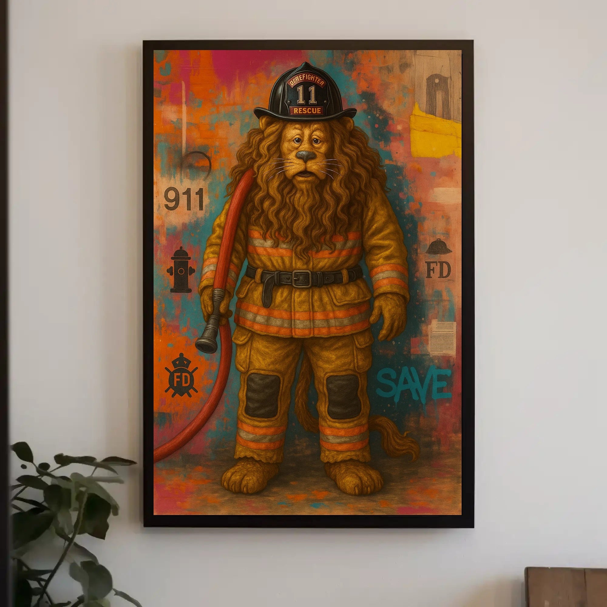 Firefighter Lion Artwork for Dramatic Animal Poster
