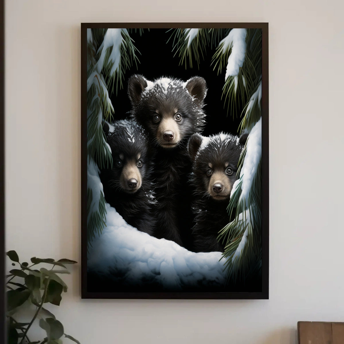 Bear Cubs in Snowy Forest Photorealistic Poster