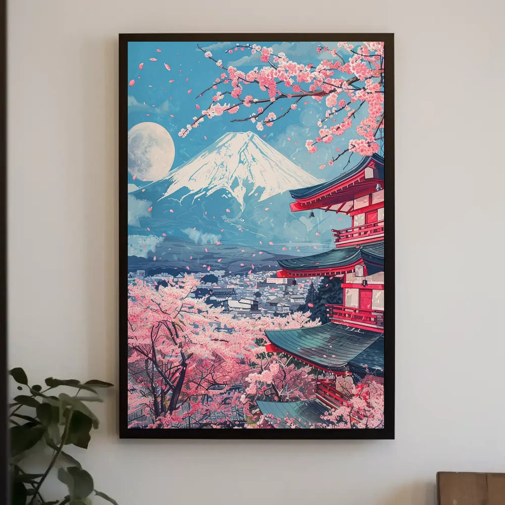 Mount Fuji Cherry Blossom Pagoda Art Print