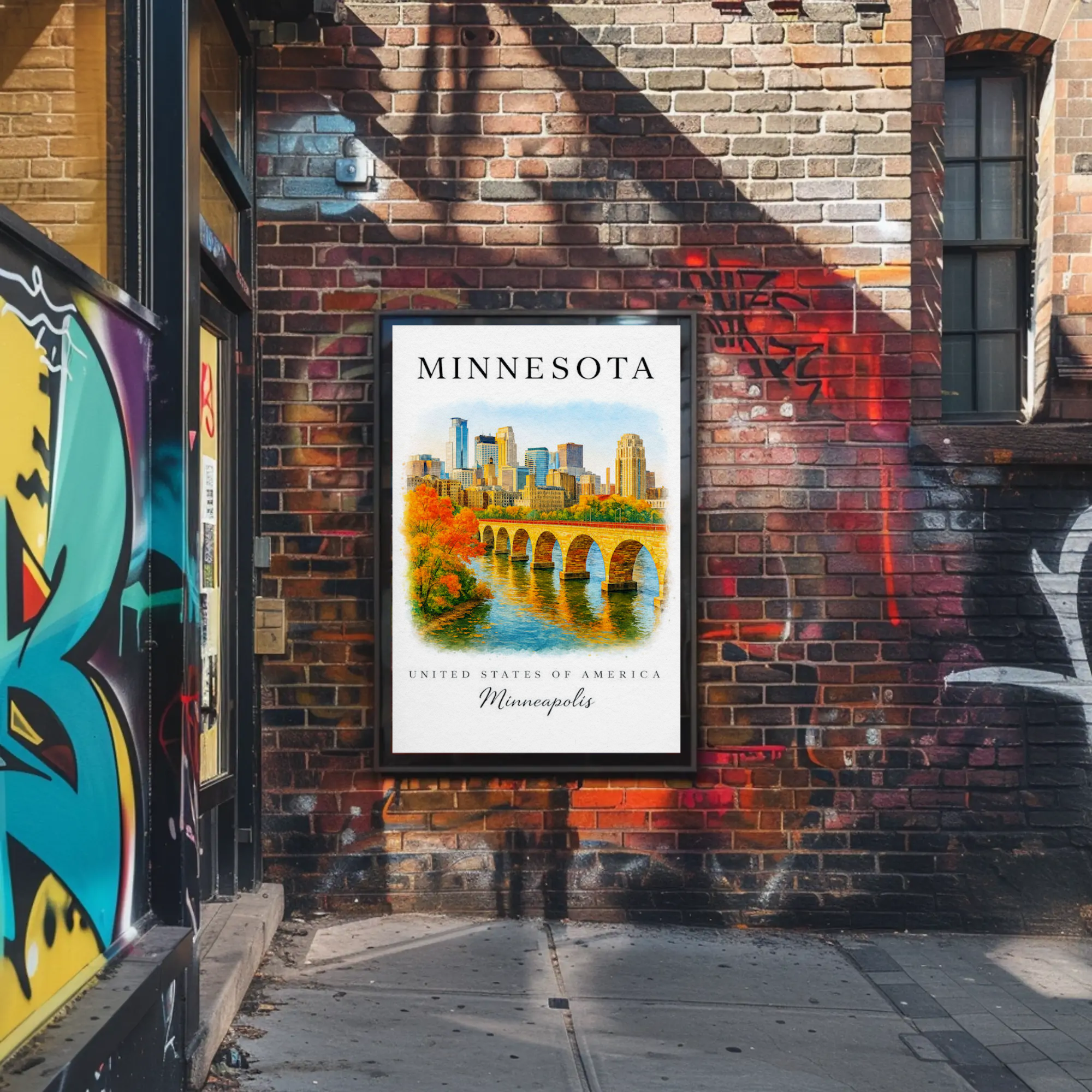 Minnesota Minneapolis Fall Skyline Watercolor Vintage Travel Poster