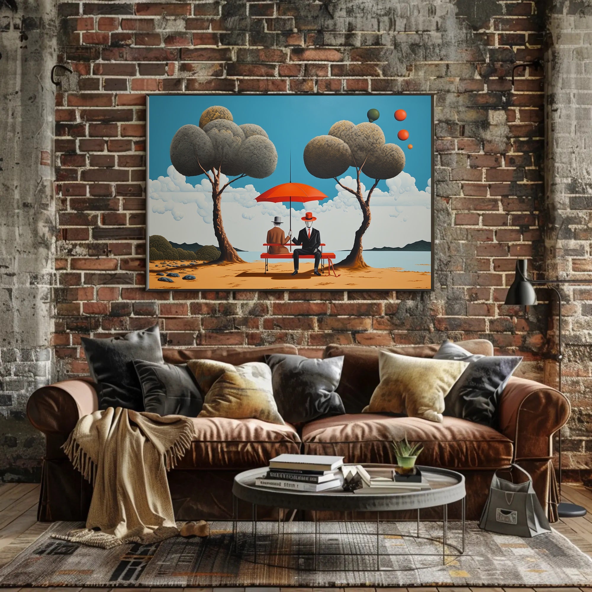 Whimsical Outdoor Scene with Suited Figures - Artistic Poster