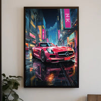 Futuristic Cityscape Sports Car Neon Lights Poster