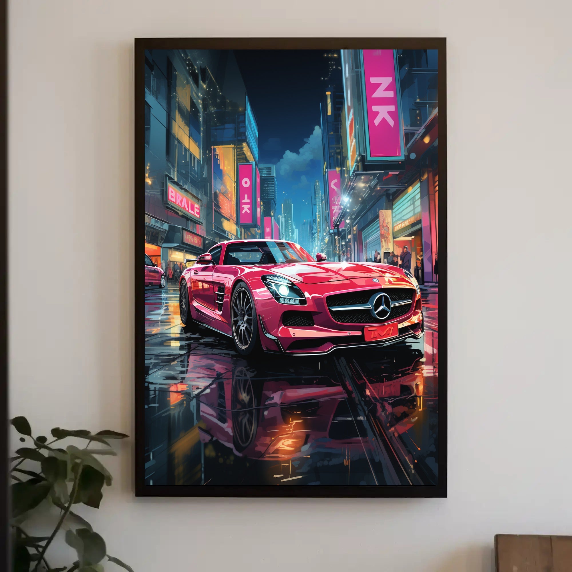 Futuristic Cityscape Sports Car Neon Lights Poster