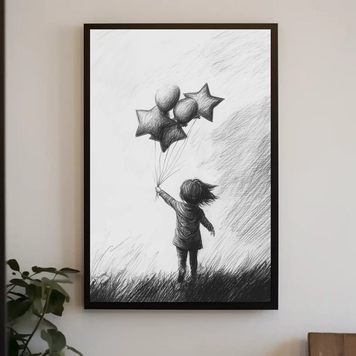 Monochrome Sketch Child Releasing Star Balloons Poster