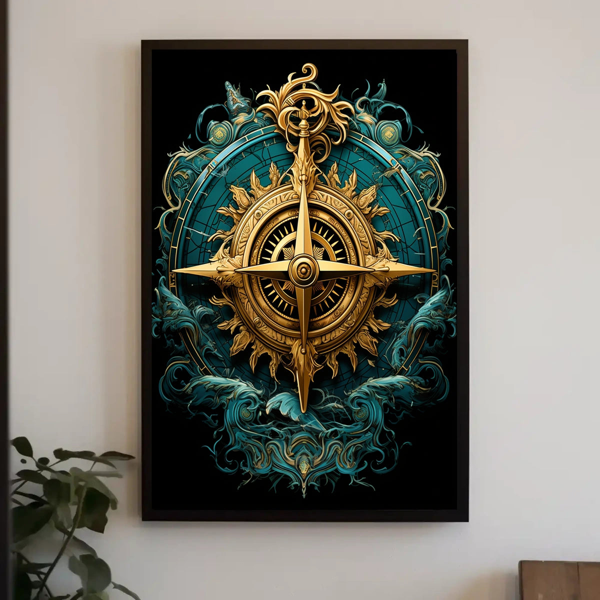 Navigating Mystical Seas Golden Compass Art Deco Oceanic Adventure Maritime Dreamscape Poster