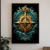 Navigating Mystical Seas Golden Compass Art Deco Oceanic Adventure Maritime Dreamscape Poster