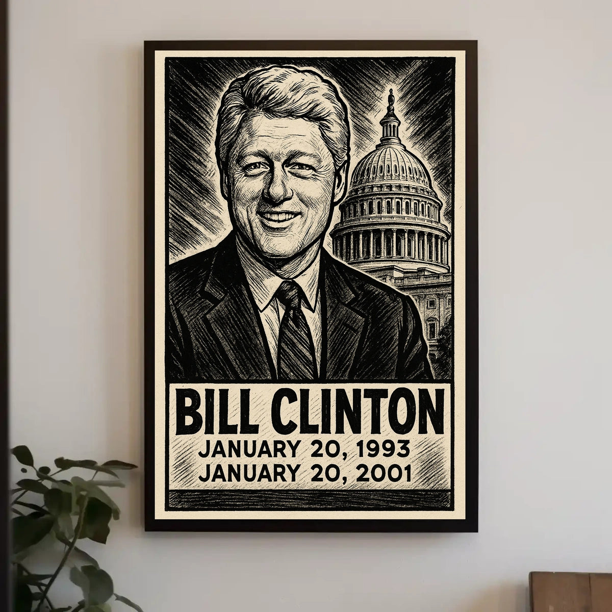 Bill Clinton 42nd President of the United States B & W Comic Sketch Poster
