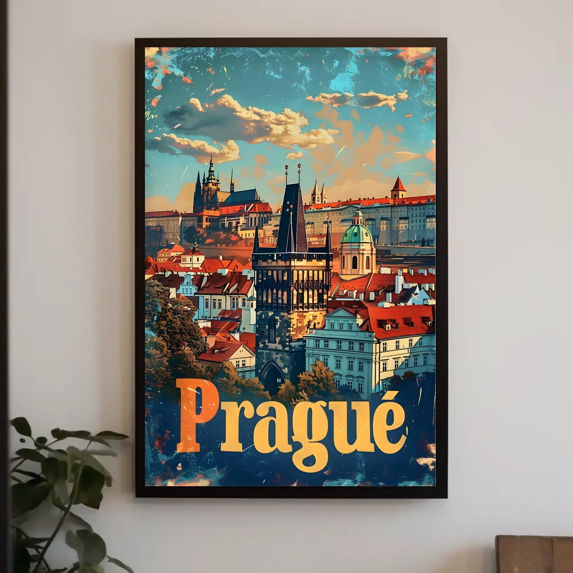 Prague Skyline Art Deco Travel Poster