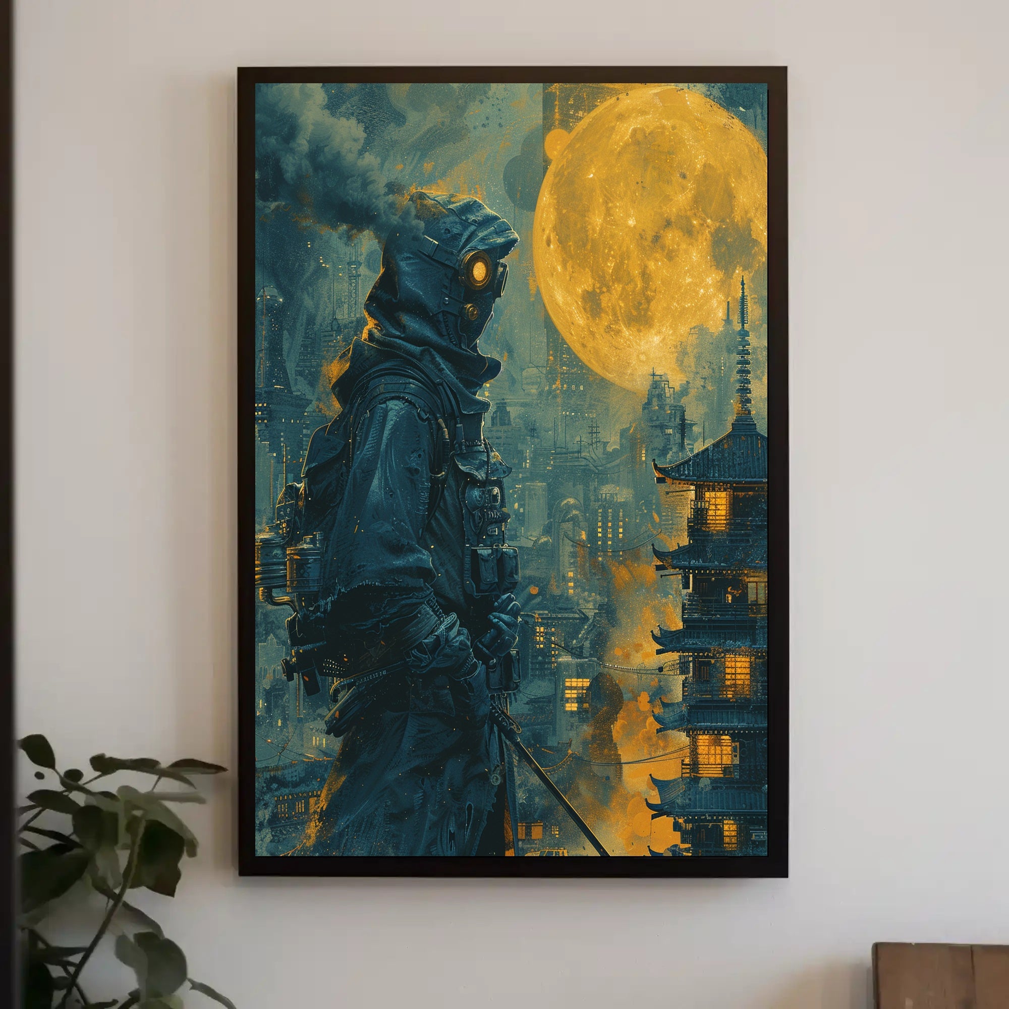 Futuristic Samurai Under A Full Moon Poster PosterGoat