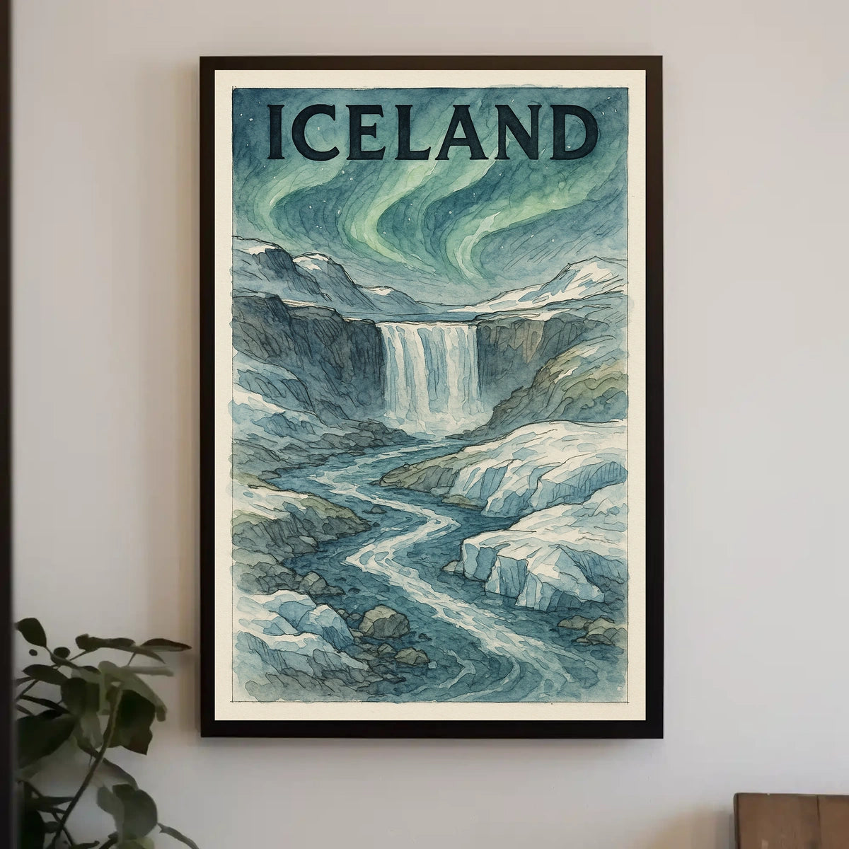Icelandic Waterfall with Aurora Borealis Travel Poster