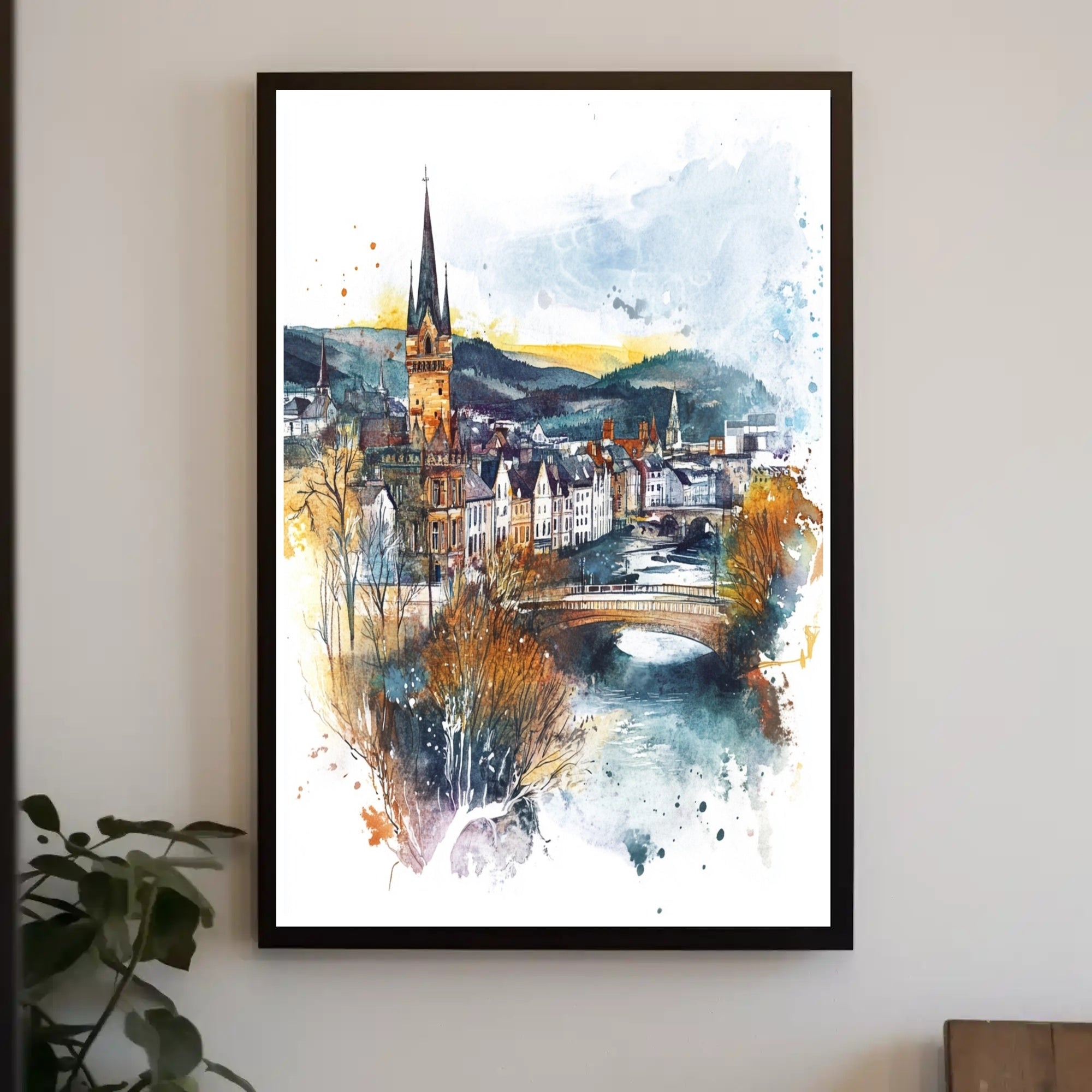 Enchanting Riverside Town Poster PosterGoat