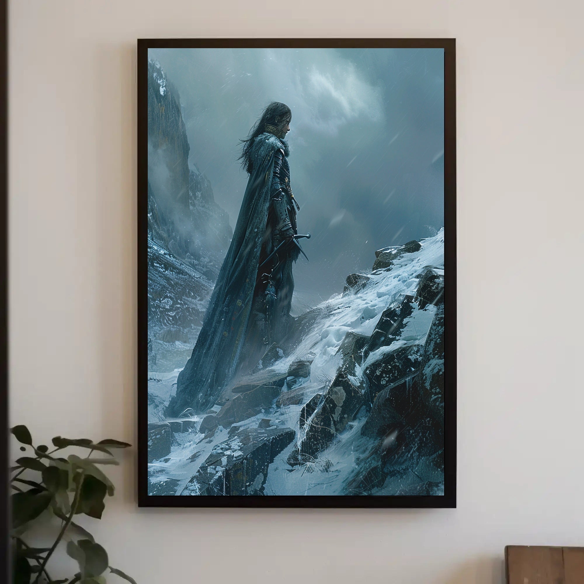 Solitary Warrior in Snow: Epic Fantasy or Mythology Poster PosterGoat