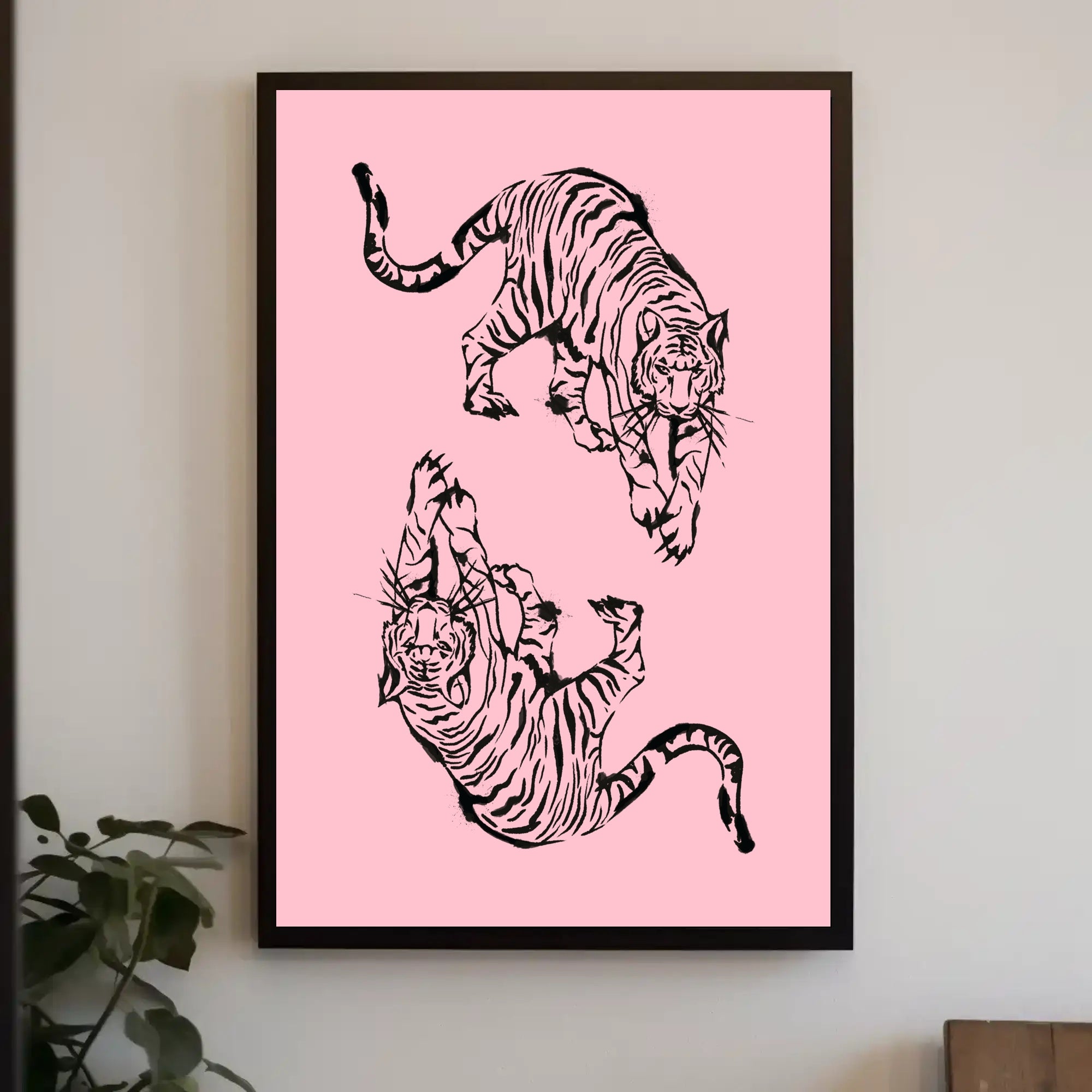Stylized Black Ink Tigers on Pink Artistic Poster PosterGoat