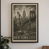 New York City Iconic Landmarks Poster Vintage Wall Art