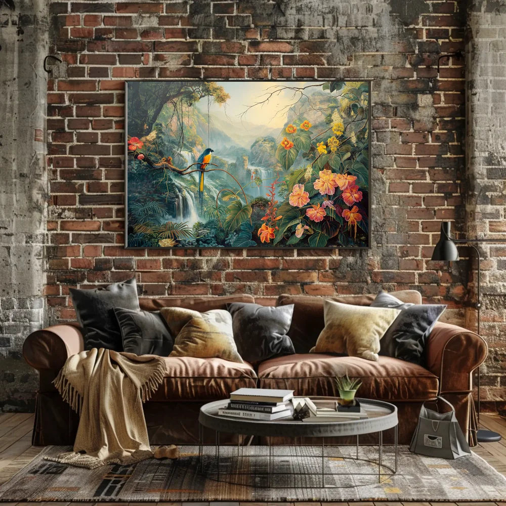 Vibrant Jungle Scene with Exotic Waterfalls Poster