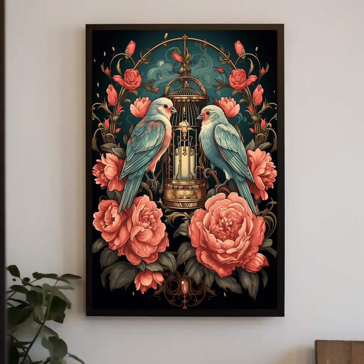 Vintage Birds and Roses Art Nouveau Poster