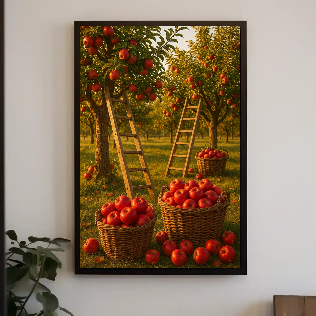 Serene Orchard Apple Harvest Photorealistic Rural Countryside Rustic Charm Nostalgic Farm Sunset Warmth Poster