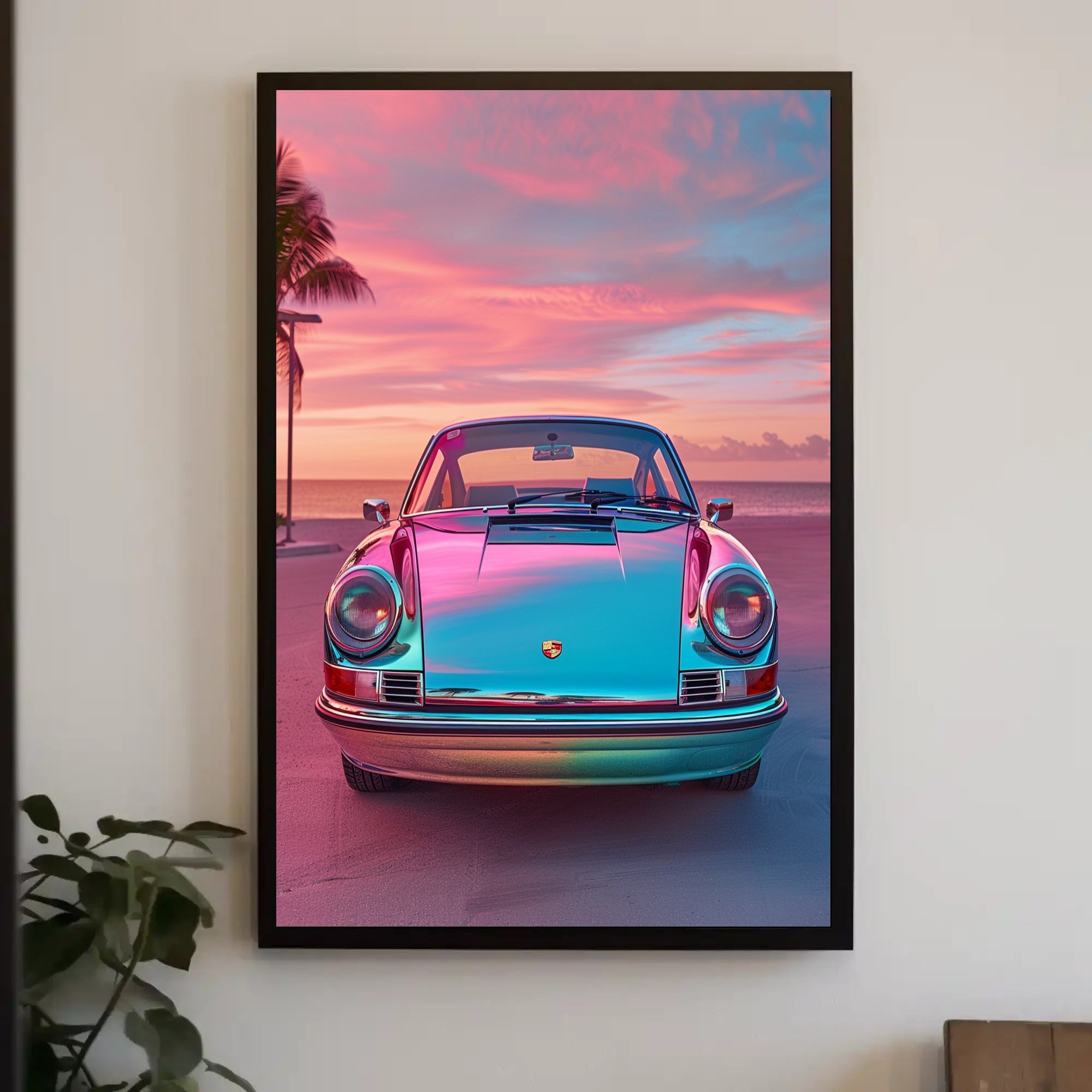 Vintage Car at Sunset Art Print Poster PosterGoat