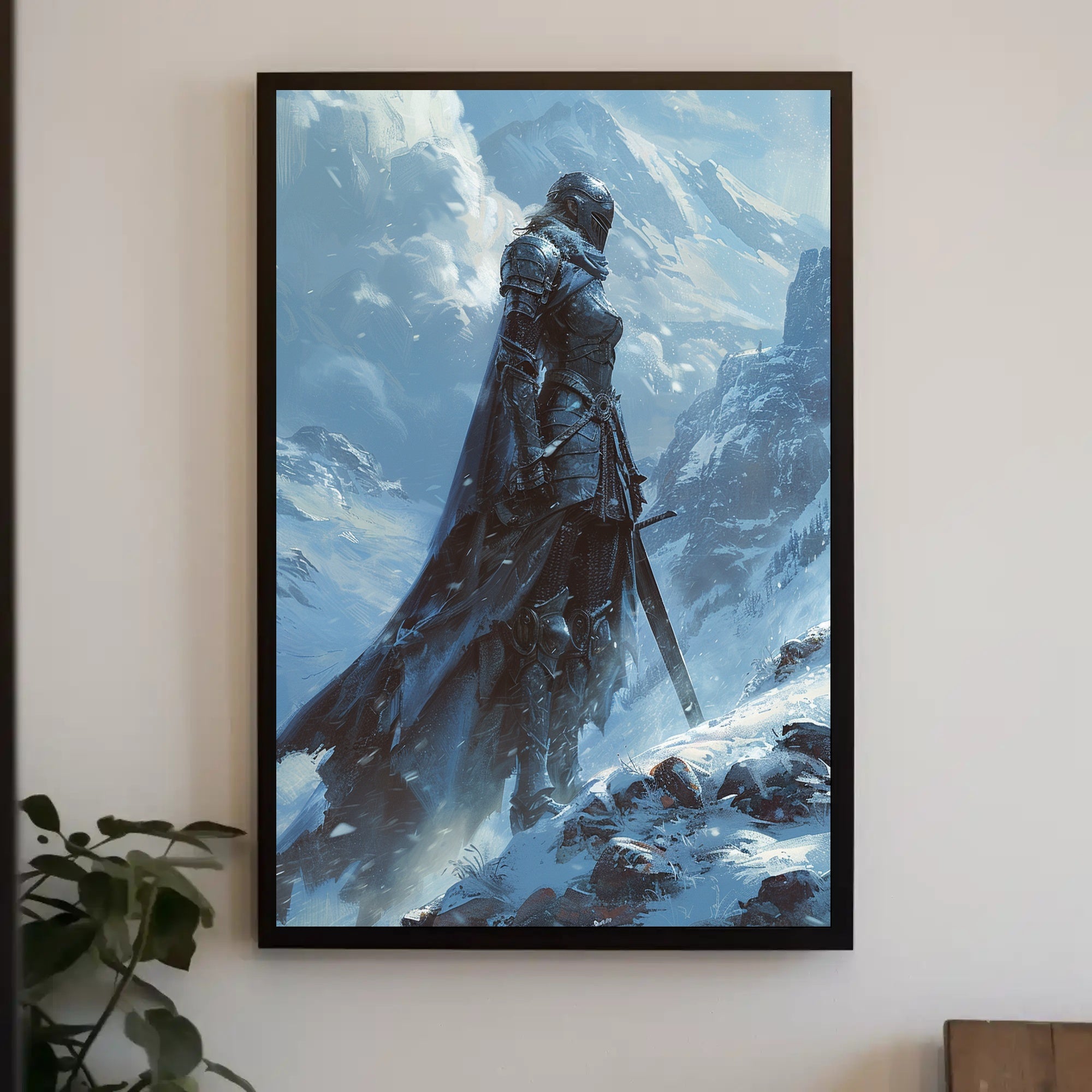Warrior in Snowy Mountains: Epic Fantasy or Mythology Poster PosterGoat