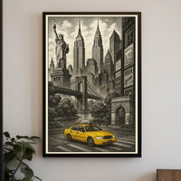 New York City Taxi Scene Poster Vintage Wall Art