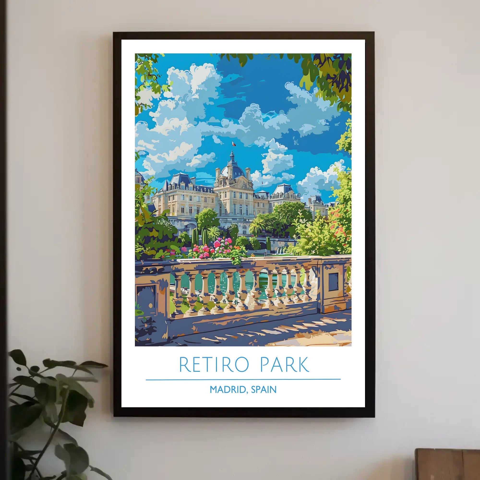 Retiro Park in Madrid vibrant travel illustration poster